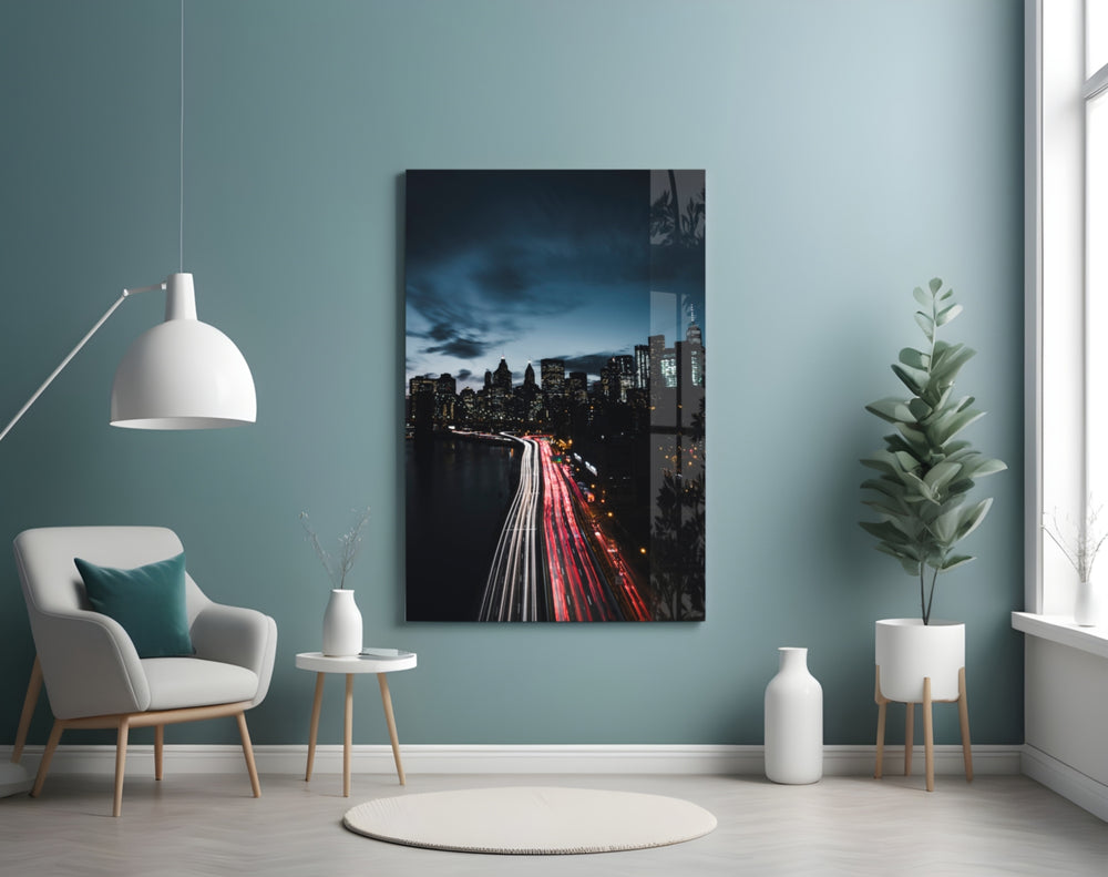 City Landscape glass wall art styled above a sofa in an urban-mood living room