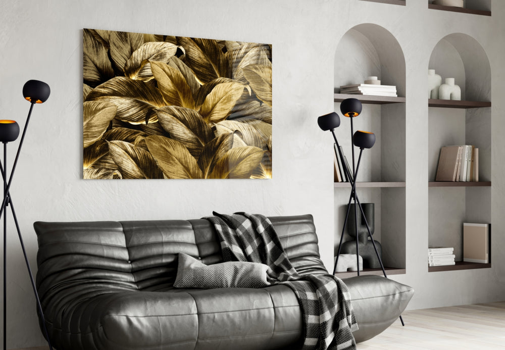 Yellow Leaf glass wall art styled above a sideboard in a dining room