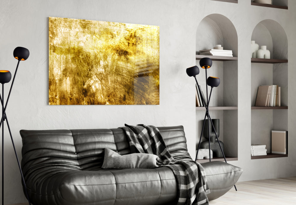 Yellow Abstract Pattern glass wall art styled in a creative studio