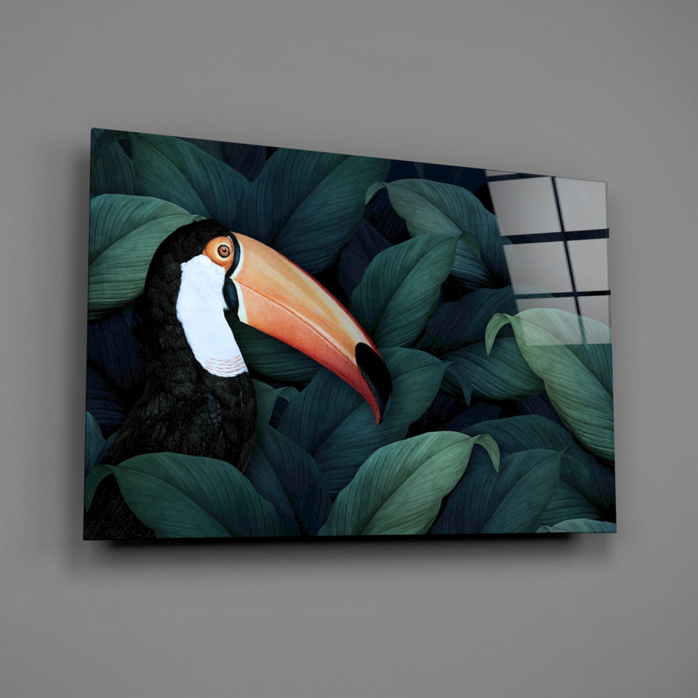 Tropical toucan panel bringing biophilic drama to a contemporary living space