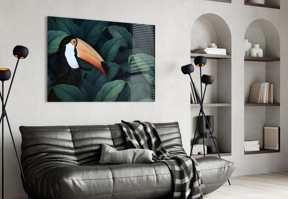 Toucan Parrot glass wall art styled in a sunroom with tropical pulse
