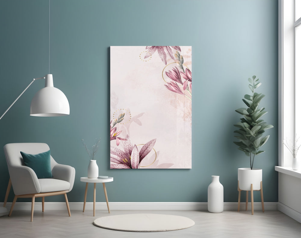 Pink Flower Pattern glass wall art styled above a bed in a blush-palette bedroom