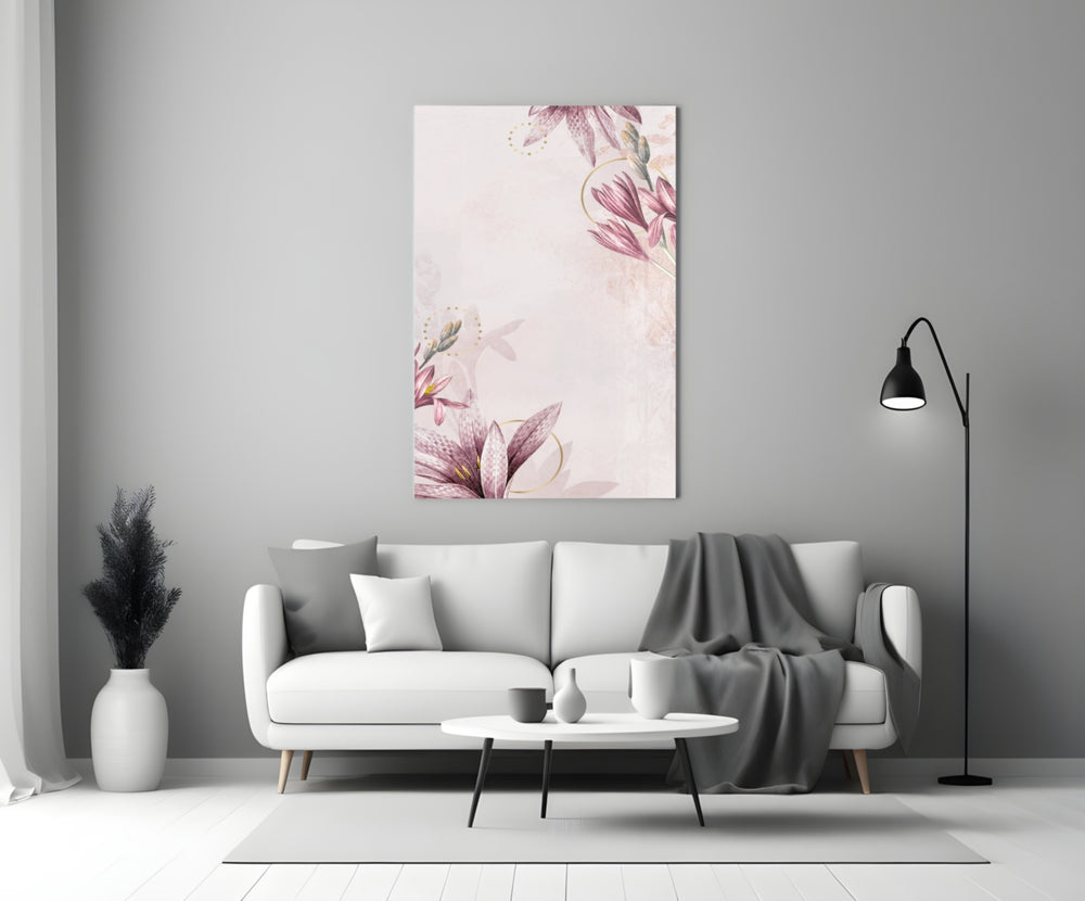 Close-up detail of pink lilies and gold circle accents