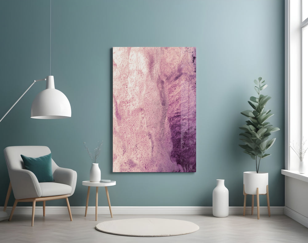 Pink Abstract Pattern glass wall art styled above a bed in a rosy-warm bedroom
