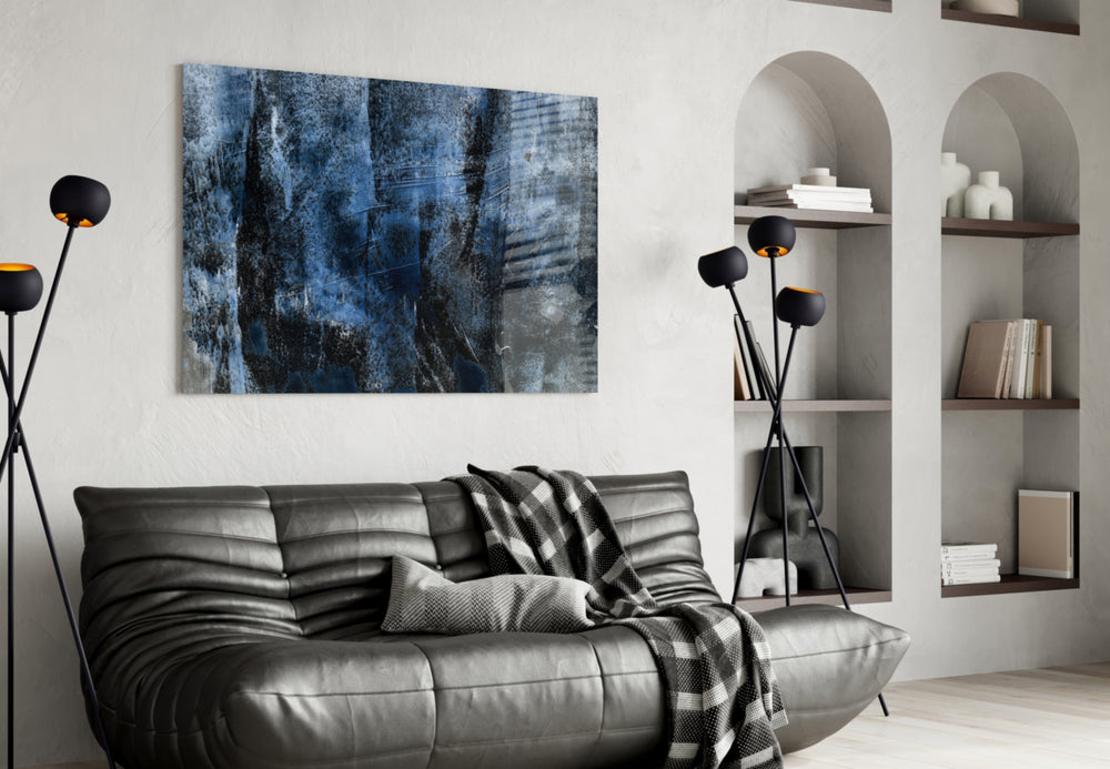 Blue Abstract Pattern glass wall art styled in a creative studio