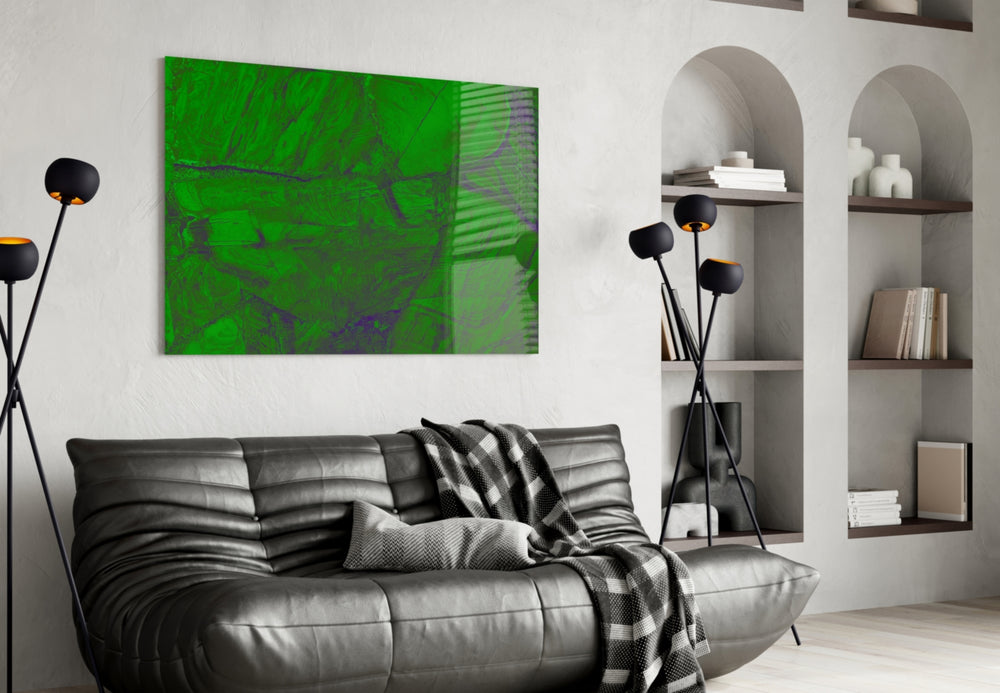 Green Abstract Pattern glass wall art styled in a creative studio