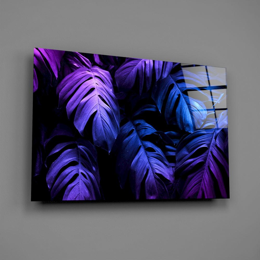 Neon-violet monstera panel bringing after-dark drama to a contemporary living space