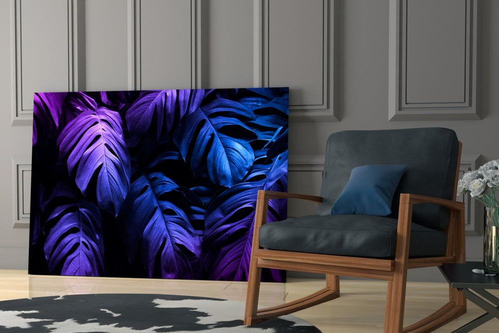 Tropical Leaf glass print enhancing a hallway with neon drama