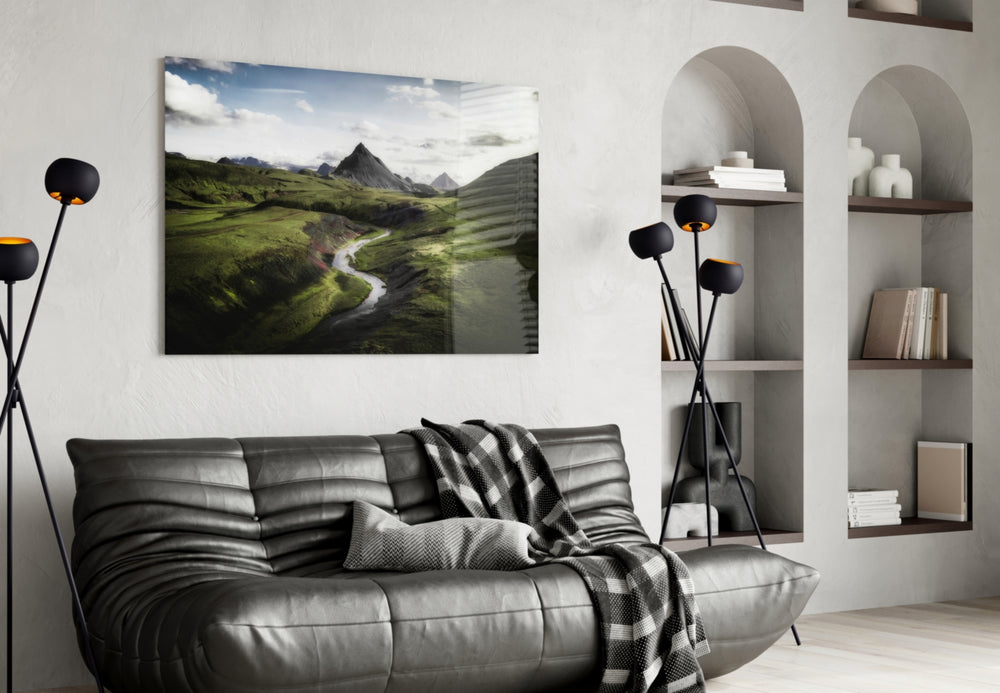 Green Valley glass wall art styled above a desk in an explorer-presence study