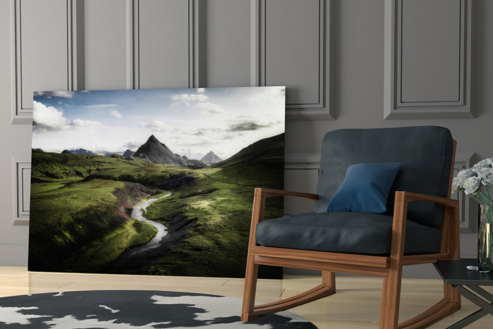 Green Valley glass print enhancing a hallway with horizon scale