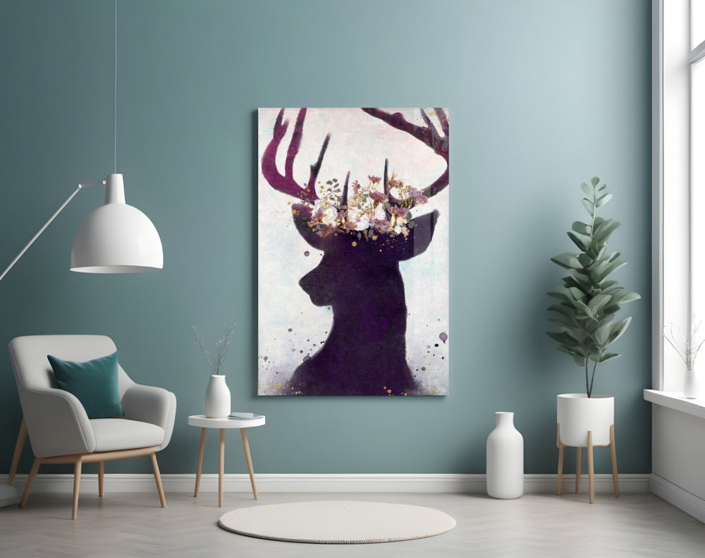 Deer glass wall art styled above a bed in a woodland bedroom