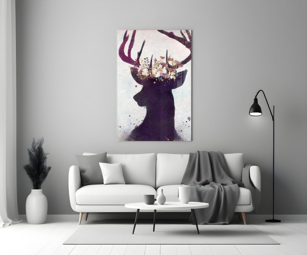 Close-up detail of the pressed-flower crown on the stag silhouette