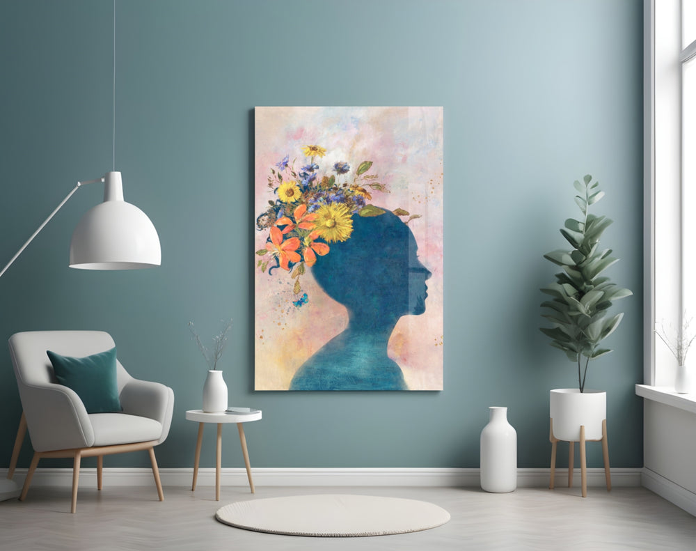 Woman Portrait glass wall art styled above a bed in a gentle-mood bedroom