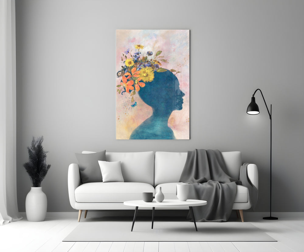 Close-up detail of the sunflower and cornflower crown on the silhouette
