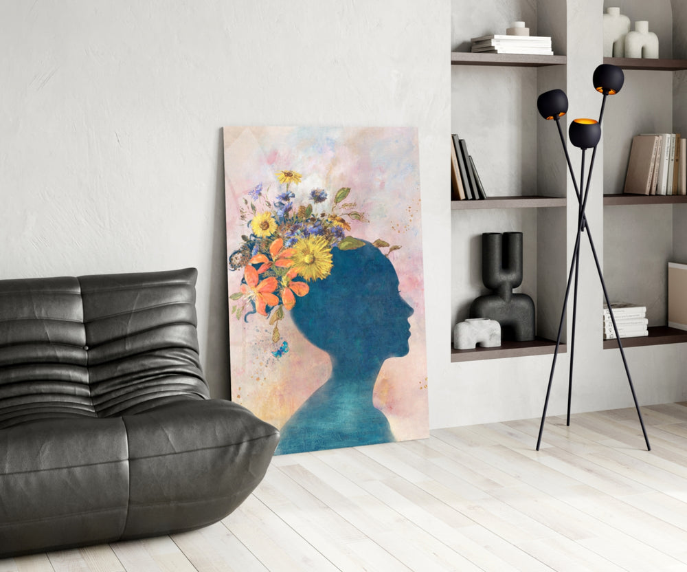 Woman Portrait panel adding poetic warmth to a reading nook
