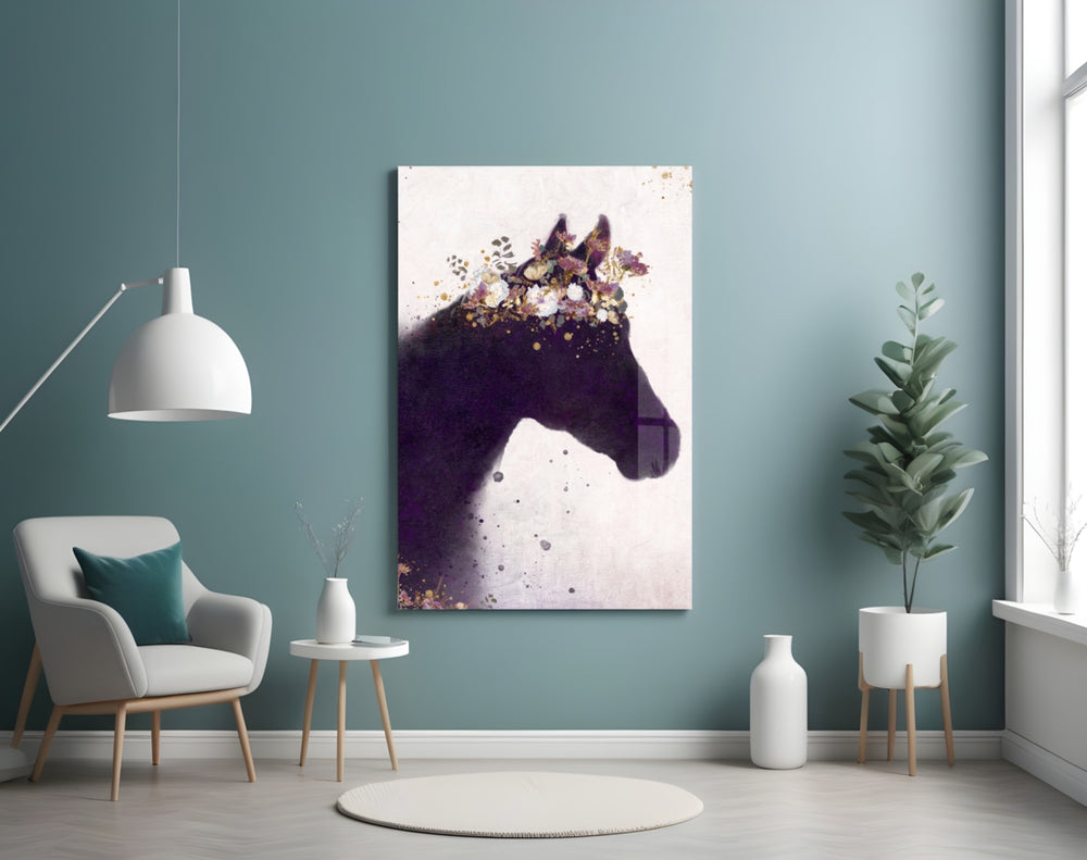 Horse glass wall art styled above a bed in a romantic-naturalist bedroom