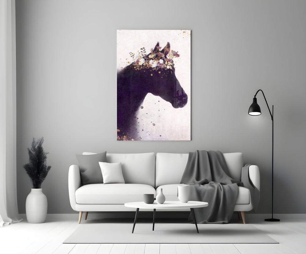 Close-up detail of the white and gold flower crown on the horse silhouette