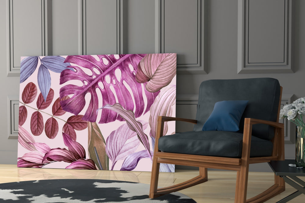 Tropical Leaves glass print enhancing a hallway with feminine grace