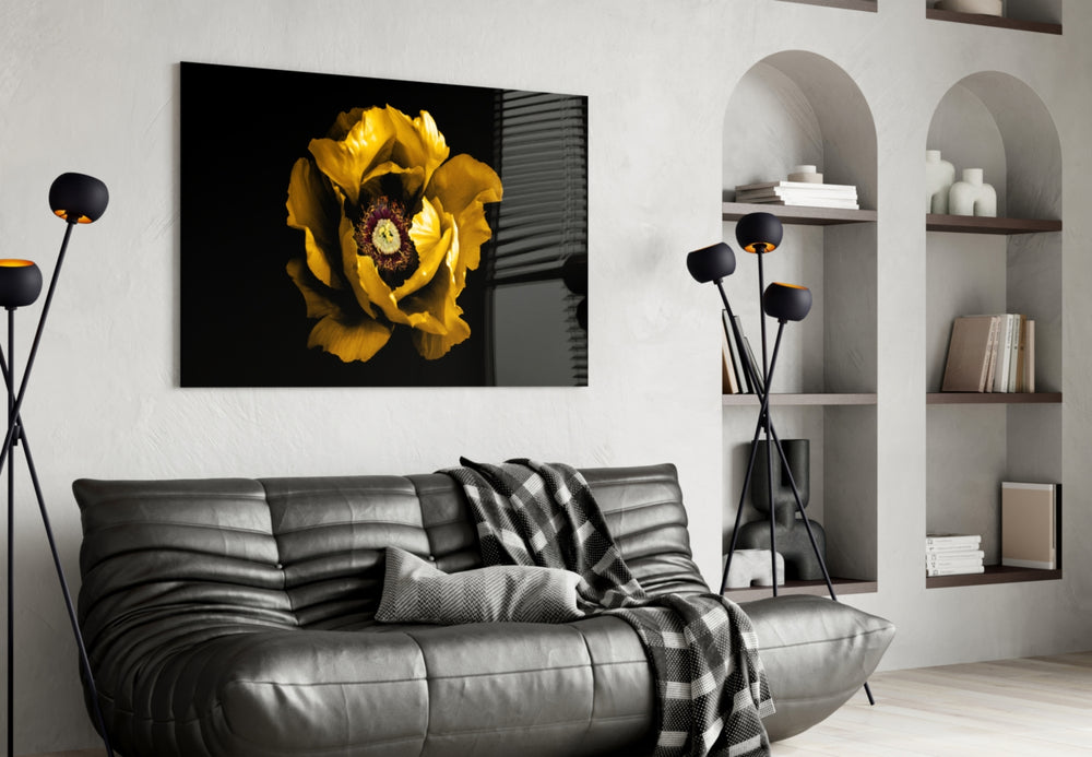 Yellow Flower glass wall art styled above a bed in a romantic bedroom