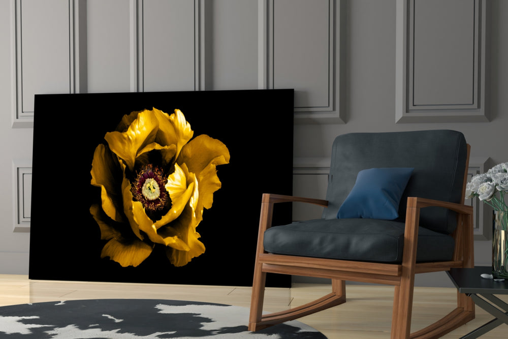 Yellow Flower glass print enhancing a hallway with floral spark