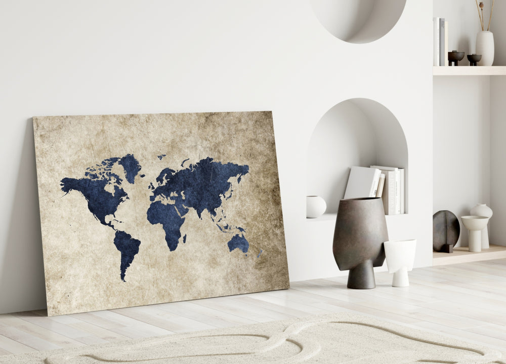 Close-up detail of navy continents on aged sepia parchment
