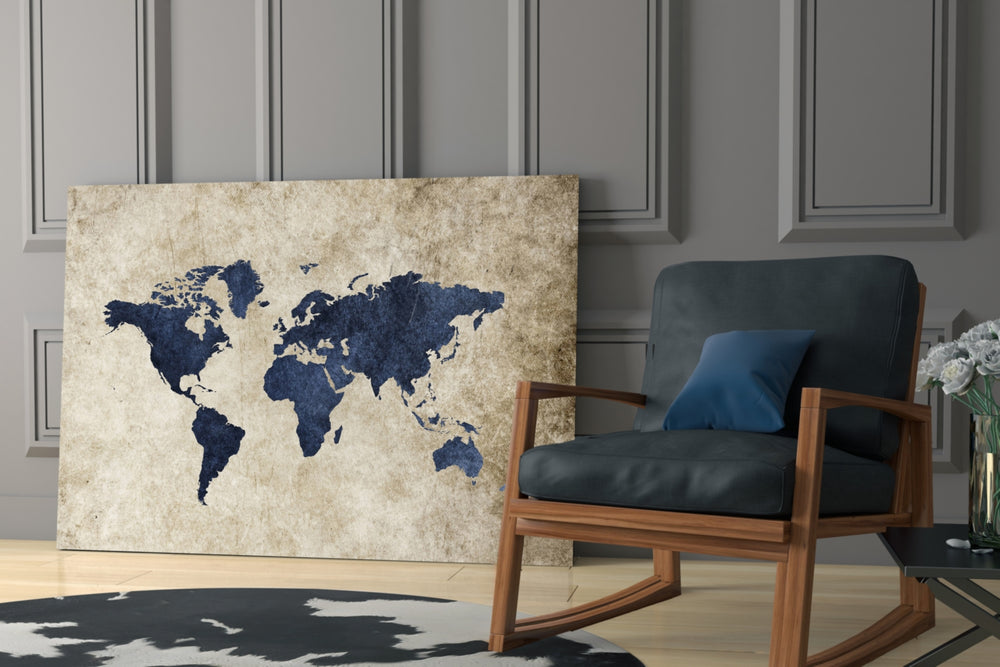 World Map glass print enhancing a hallway with library mood