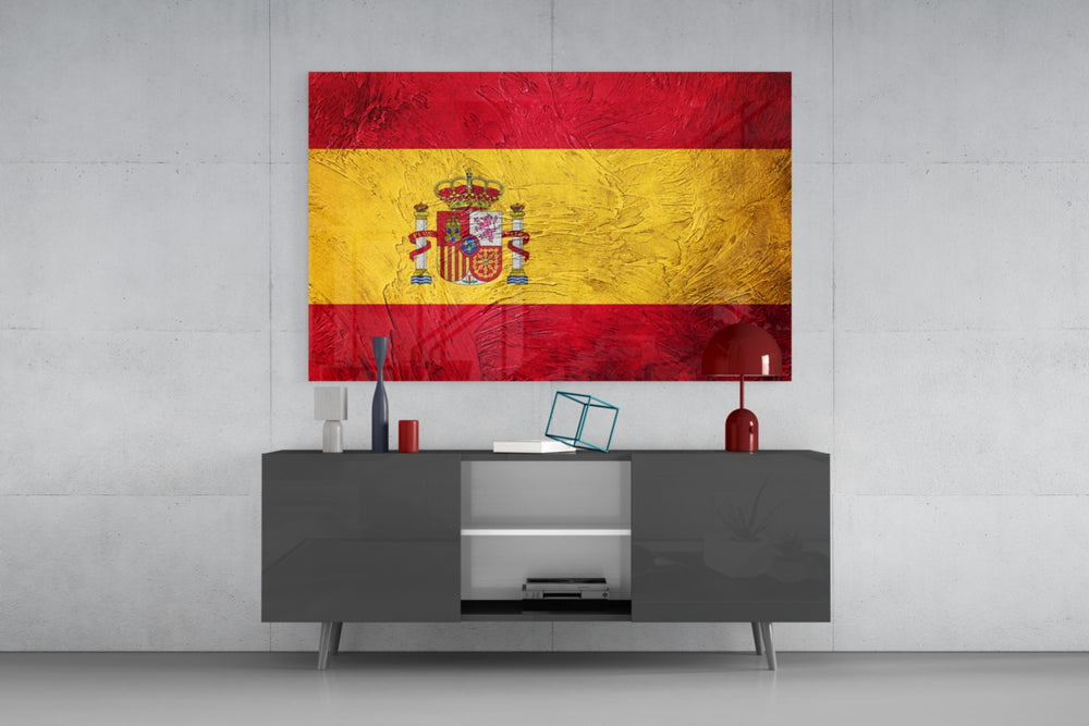 Flag of Spain panel catching warm light to reveal its impasto strokes