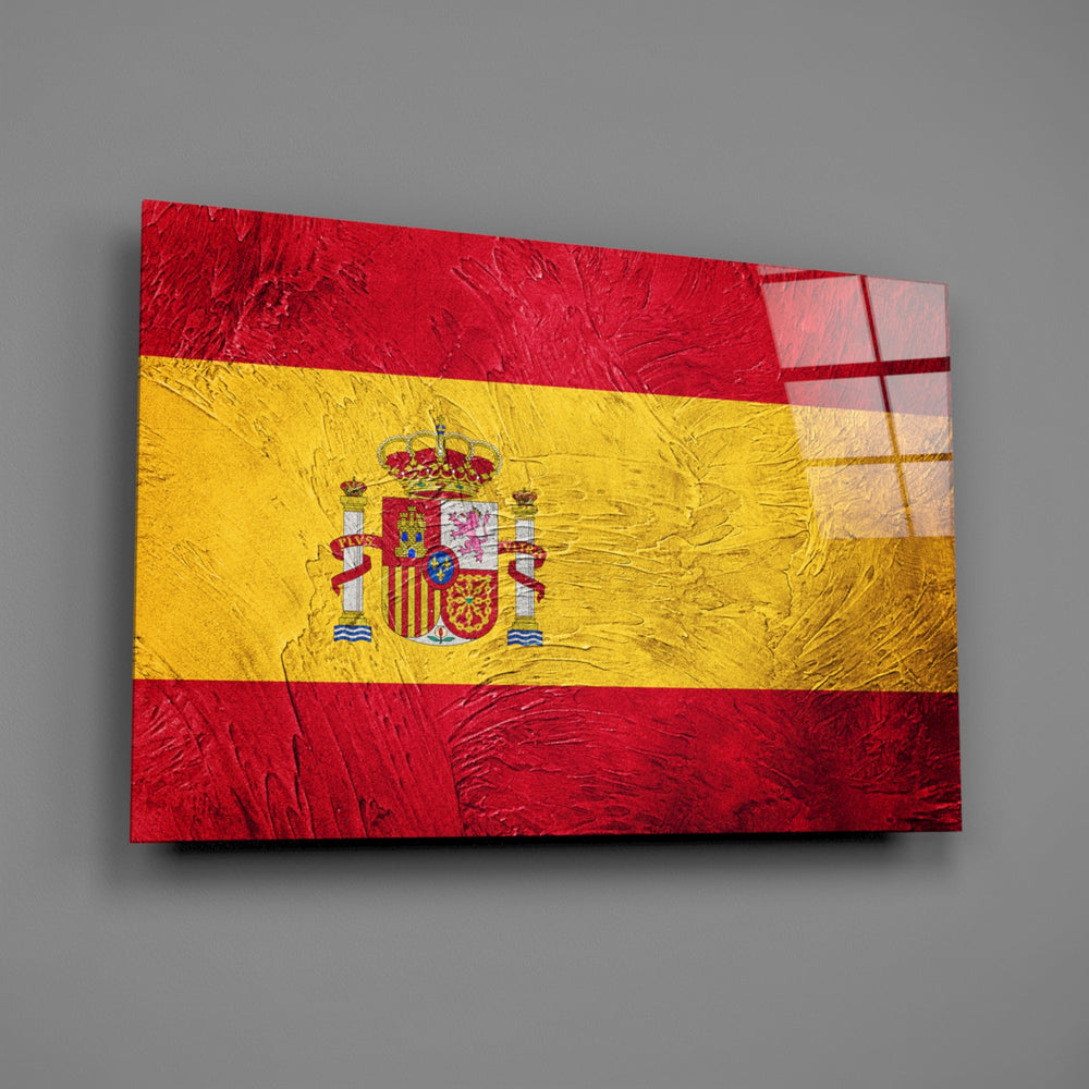 Oil-texture Spanish flag panel bringing patriotic warmth to a contemporary living space