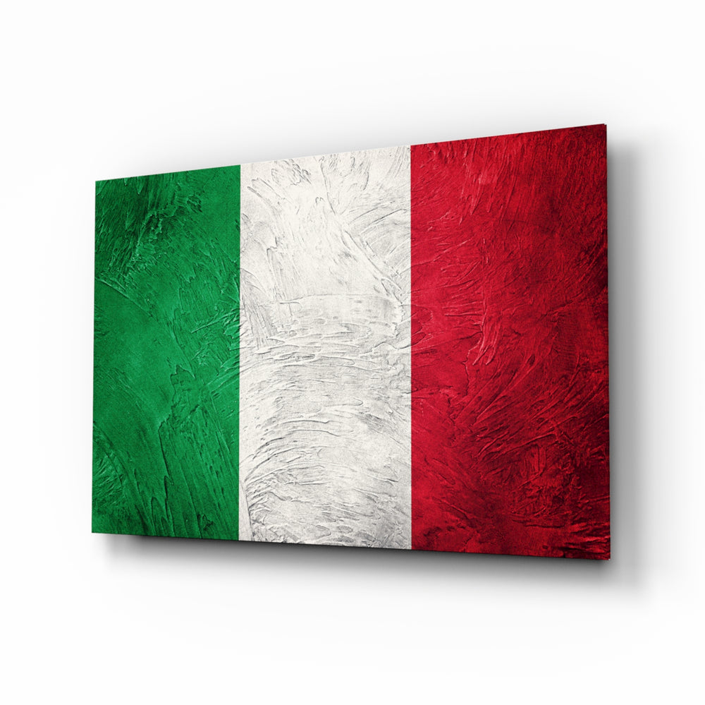 Flag of Italy glass wall art displayed above a console in a designer interior