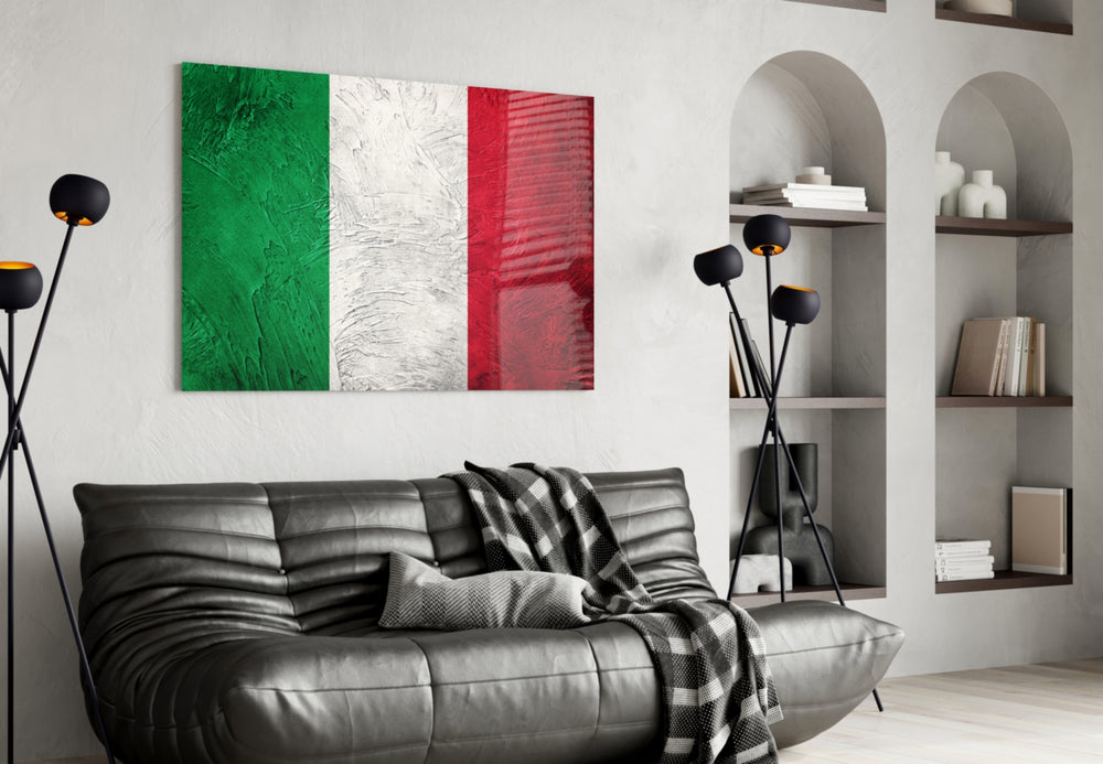 Flag of Italy glass wall art styled in an office with cosmopolitan taste