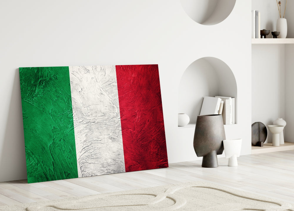 Close-up detail of green, white and red impasto bands of the Italian tricolor