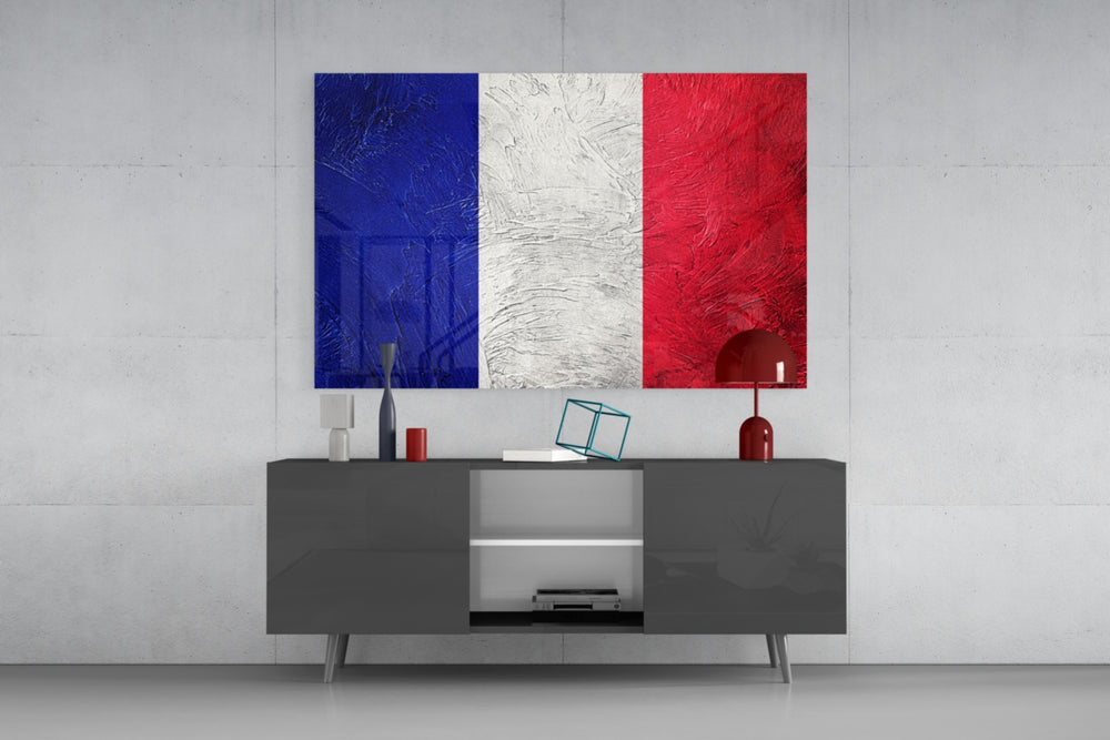 Flag of France panel catching warm light to reveal its impasto strokes
