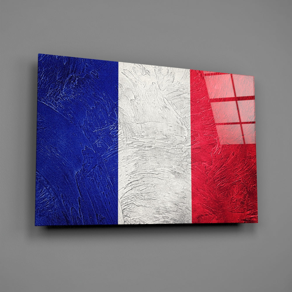Oil-texture French flag panel bringing cosmopolitan warmth to a contemporary living space