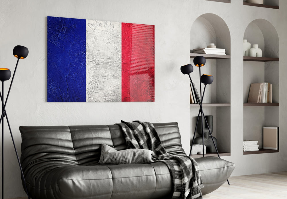 Flag of France glass wall art styled in an office with cosmopolitan taste