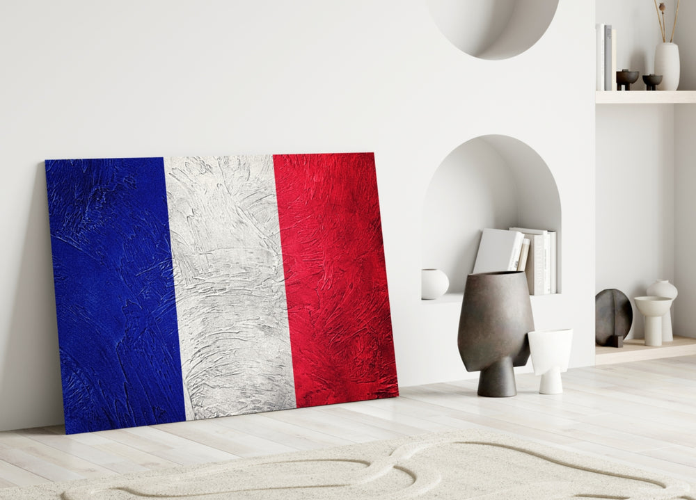 Close-up detail of blue, white and red impasto bands of the French tricolor