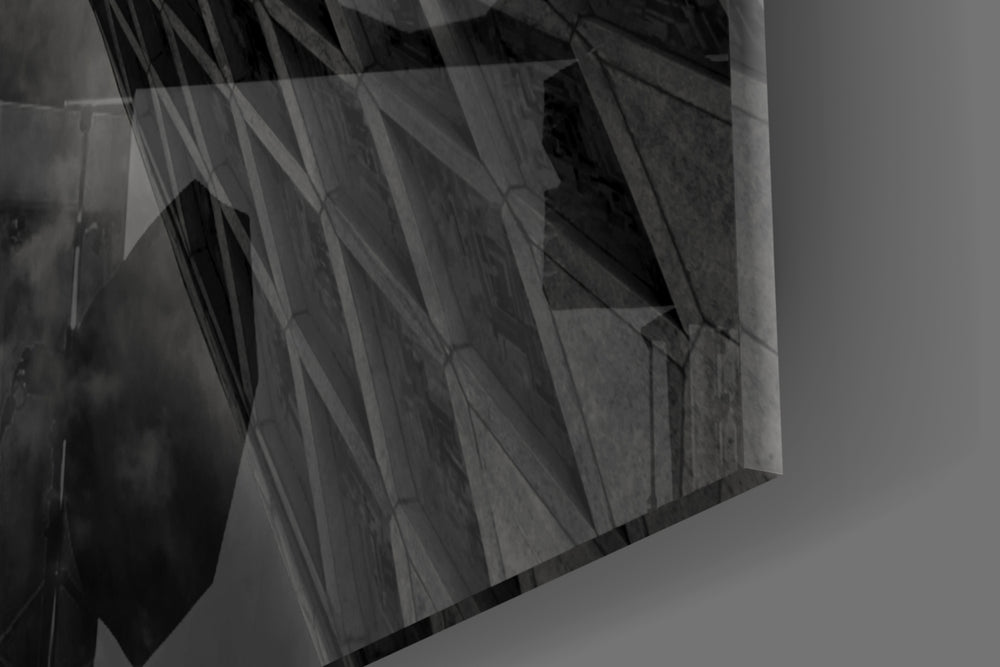 Interesting Architectural artwork anchoring a modernist-themed wall in moody palette