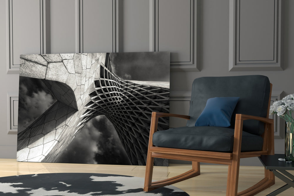 Interesting Architectural glass print enhancing a hallway with cathedral drama