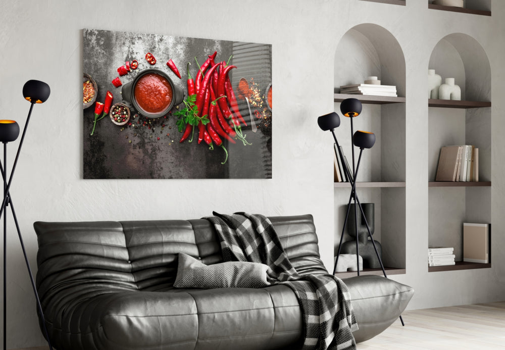 Red Peppers glass wall art styled in a kitchen with chef-taste