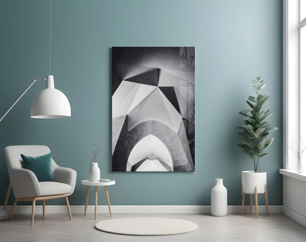 Architectural Geometric Shapes glass wall art styled above a desk in a minimalist study