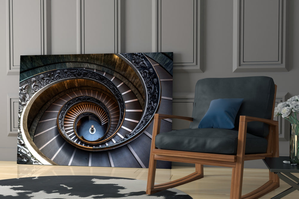 Spiral glass print enhancing a hallway with cathedral drama