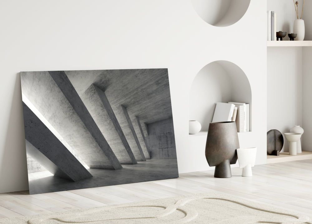 Close-up detail of slanted concrete columns in monochrome geometry