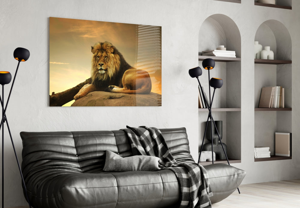 Lion glass wall art styled above a desk in an executive-presence study