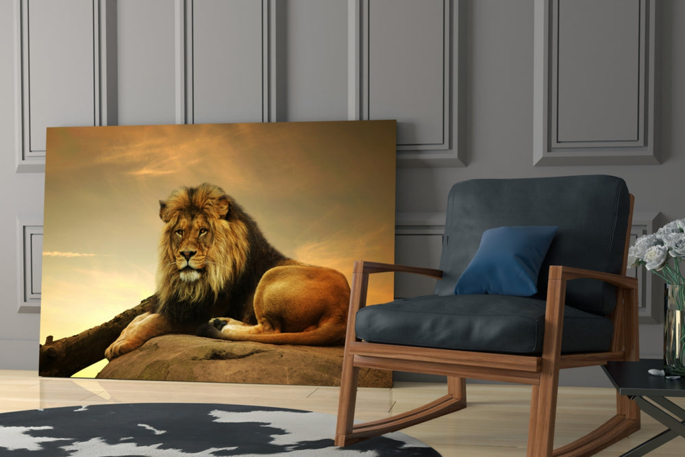 Lion glass print enhancing a hallway with sentinel gaze
