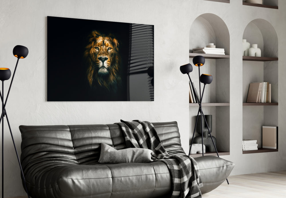 Lion glass wall art styled above a desk in an executive-presence study