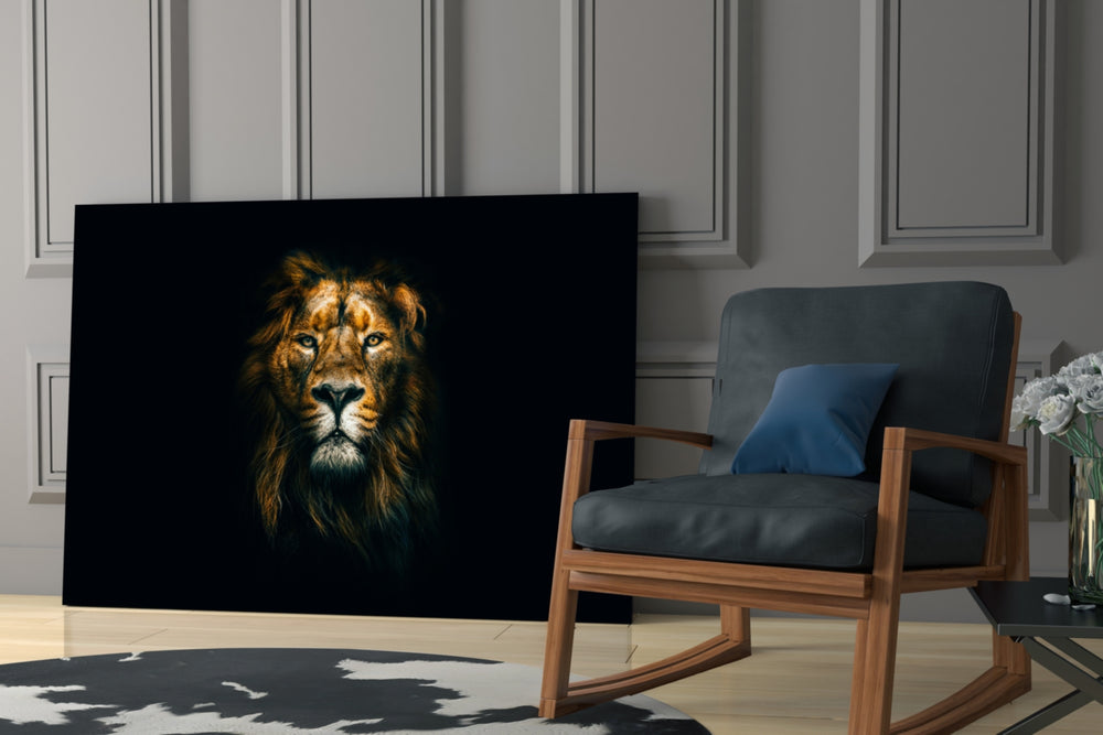 Lion glass print enhancing a hallway with sentinel gaze