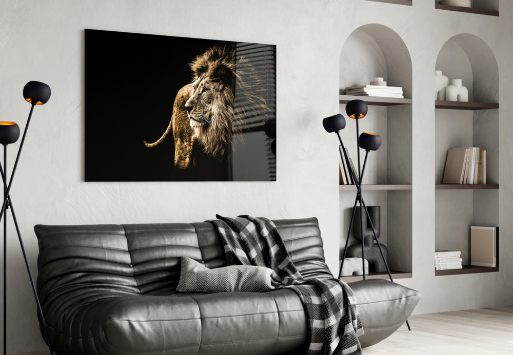 Lion glass wall art styled above a desk in an executive-presence study