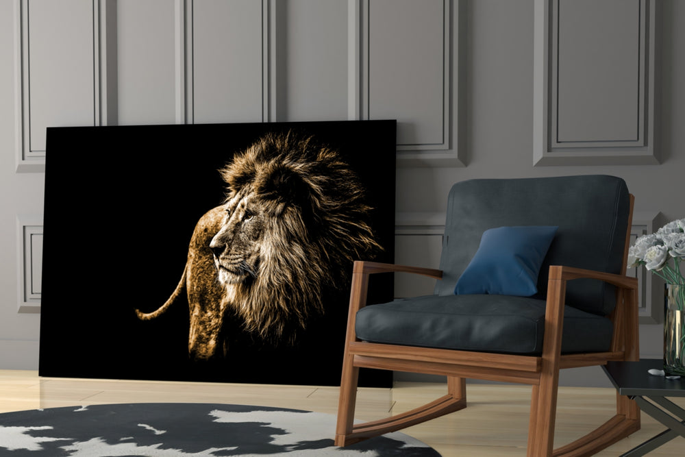Lion glass print enhancing a hallway with sentinel gaze