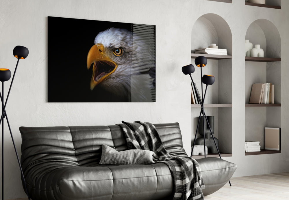 Eagle glass wall art styled in an executive office