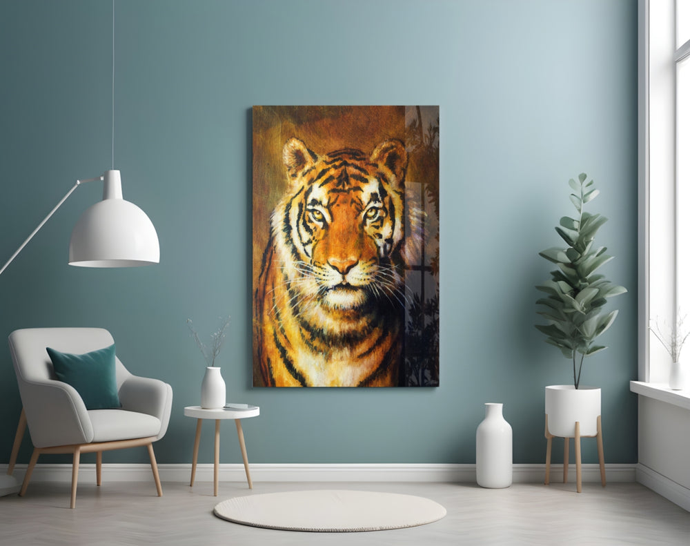 Tiger glass wall art styled above a sofa in a sienna-palette living room