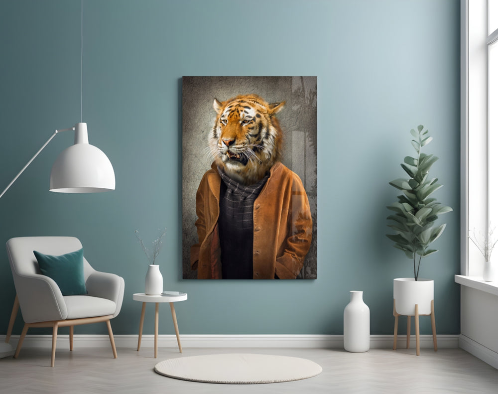 Tiger Head glass wall art styled above a desk in a gentleman's study